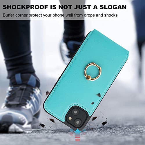 Folosu Compatible with iPhone 14 Plus Case Wallet with Card Holder, 360°Rotation Finger Ring Holder Kickstand, RFID Blocking Leather Protective Double Buttons Shockproof Cover 6.7 Inch Green - color: Mint Green, size: iPhone 14 Plus