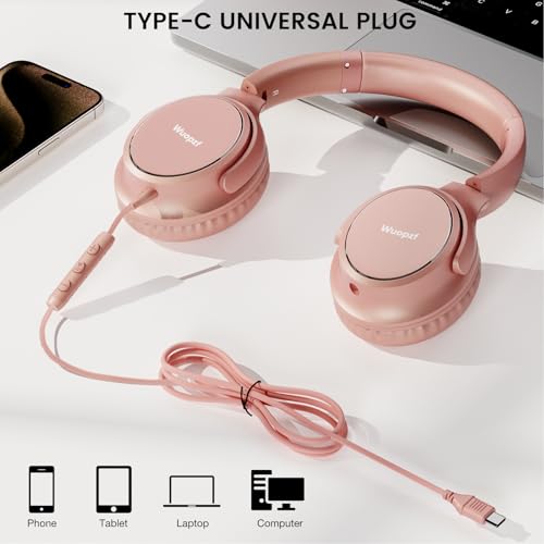 USB C Wired Over-Ear Headphones with Microphone - color: Rose Gold