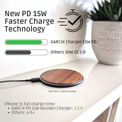 15W Wooden Wireless Charger | Stylish Design Qi Wireless Charger Station | USB Type C Cable | Compatible for iPhone 15 14 13 Pro MAX X Plus, Samsung Galaxy Ultra, Airpods