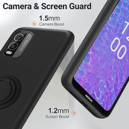 for Nokia c210 Phone Case with Glass Screen Protector, 360° Rotatable Ring Holder Magnetic Kickstand/Stand Silicone TPU Shockproof Protective Cover Case for Nokia Nokia c210 - Black