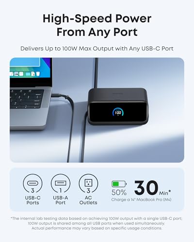 Anker Nano Charging Station, 100W 7-in-1 Power Strip, Retractable Charger - color: Black