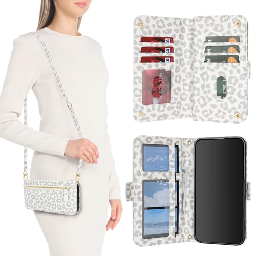 for iPhone 15 Pro Wallet Case for Women,for iPhone 15 Pro Case with Strap Crossbody Lanyard,PU Leather Shockproof Card Holder Stand Zipper Pocket Flip Phone Case-White Leopard - color: White Leopard