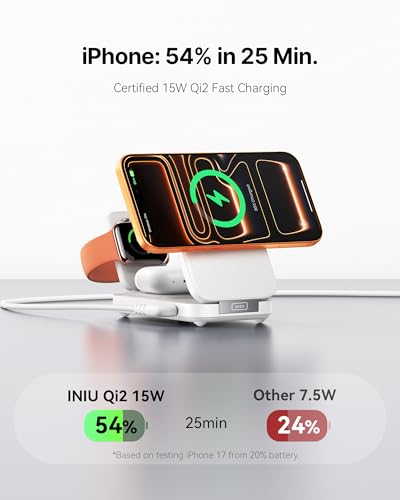 INIU 3 in 1 Foldable Wireless Charging Station, 15W Fast Mag-Safe Charger - color: White