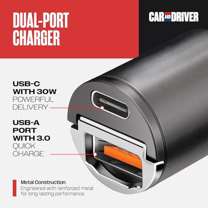 30W Dual-Port Cigarette Lighter USB Charger for iPhone & Samsung, USB-C & A