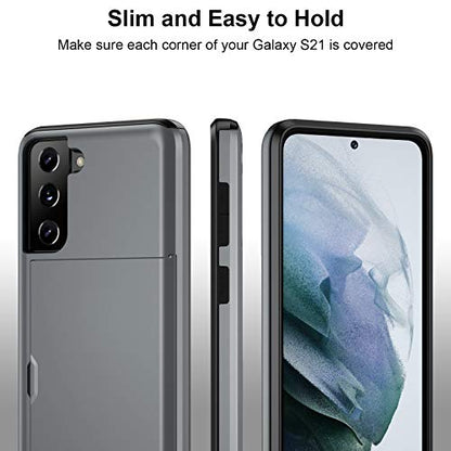 Jiunai for Samsung Galaxy S21 Case Wallet Credit Card IDs Cash Holder Grey | Slide Cover Dual Layer Hybrid Protective Hard PC Soft TPU Rubber Cover Phone Case for Samsung Galaxy S21 5G 6.2'' Women Men - color: Grey