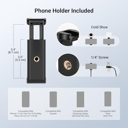 NEEWER BASICS Phone Tripod Stand with Flexible Arm & Reversible Legs, Aluminum Office Table Bedside Smartphone Clip Clamp Holder Mount Compatible with iPhone Samsung Android for Video Recording, ST014