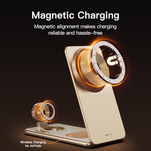 ANJANK Foldable Magnetic Charger, 25W 3 in 1 Wireless Charging Station, Qi2.2 Fast Charger, Aluminum Alloy Cooling Charger Stand for iPhone18/17/16 Pro Max, Apple Watch, AirPods(45W Adapter),Ultrathin