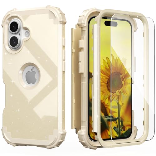 IDweel for iPhone 17 Case with Screen Protector for Women, 3 in 1 Shockproof Slim Fit Hybrid Heavy Duty Hard PC Cover Soft Silicone Bumper Full Body Anti-Fingerprint Case, Glitter Yellow - color: Glitter Yellow