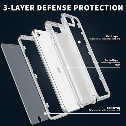 X-belmox Heavy Duty Clear Phone Case for iPhone SE 2022 (3rd Gen) with Screen Protector, 3 in 1 for iPhone SE 2020 Case Acrylic Hard Non-Yellowing, Shockproof Protective iPhone 7/8 Case 4.7" -Clear - color: Clear