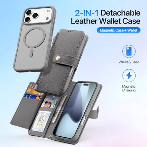 for iPhone 17 Pro Case Wallet, Detachable Magnetic Wallet Case | Compatible with Magsafe, RFID Blocking, PU Leather Flip Folio Case, Wrist Strap Wallet Case, Zipper Coin Pocket - color: Gray, size: iPhone 17 Pro