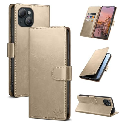 Wallet Case for iPhone 15 6.1", Golden | RFID-Blocking Card Holder, Kickstand, Magnetic Closure, PU Leather Folio Flip Cover, Protective Women Men Cases - color: Golden, size: iPhone 15