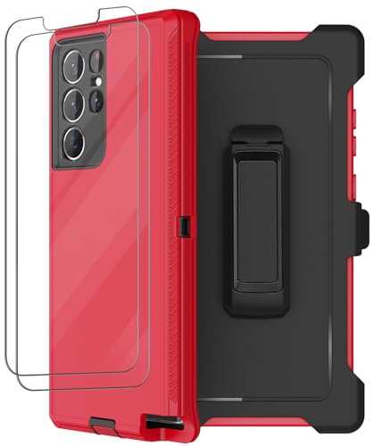 for Samsung Galaxy S22 Ultra Case with Belt Clip Holster, 2X Screen Protector, Military Grade Protection Heavy Duty Full Body Shockproof Rugged Protective Cover for Samsung S22 Ultra 5G Red - color: Red