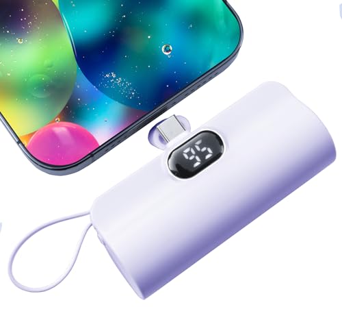 Mini power bank 5500mAh Portable Power Bank,Dual USB-C ports Cell Phone Power Charger, LCD LED Display Battery Compatible with iPhone17/16/15 plus/15 pro/15 pro Max/Android phone/Samsung/Moto/LG etc - color: Purple