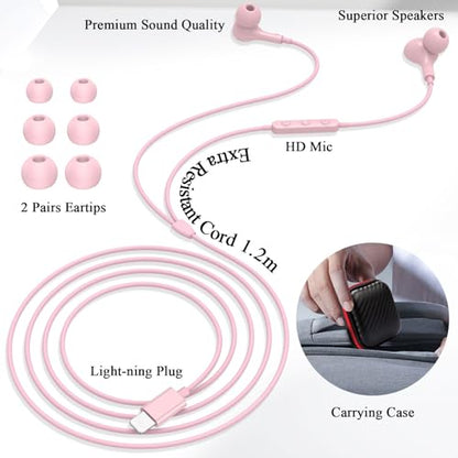 ACANDYA MFi-Certified Lighting Earbuds for iPhone 14 13 12 11 Pro Max Pink - color: Pink
