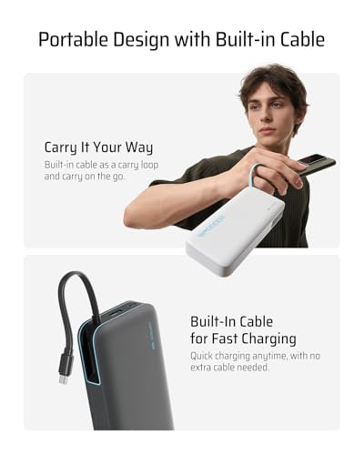 CUKTECH 45W Power Bank 20000mAh, Portable Travel Charger Built-in USB C Cable, Fast Charging Battery Pack for iPhone 17/16/15, iPad, Samsung Galaxy, Google Pixel, Android and More (White) - color: PB200N-White