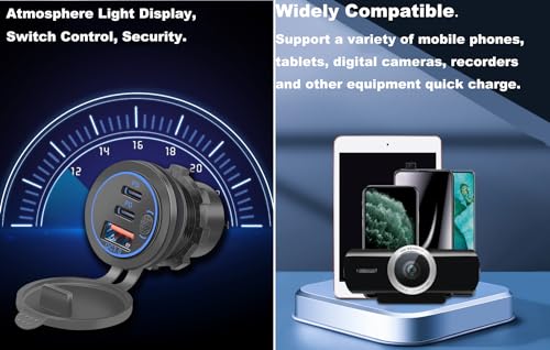 3 Ports 18W USB Car Charger with Switch, 12-24V QC 3.0 USB & Dual PD USB C Cigarette Lighter Socket, Waterproof Dashboard Mount Quick Charger for Car Motorcycle Truck Marine Boat, Green Light - color: Green Light