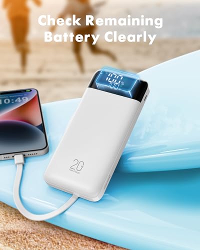 charmast Portable Charger Built-in Cables, 20000mAh Power Bank 6-Output | Travel Fast Charging Battery Pack for iPhone 17/16/15 Samsung Android, Flight-Approved, Multi-Device, USB-C & USB-A, LED % - color: White