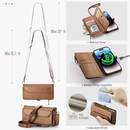 Strapurs Wallet Case Compatible with iPhone 14 Pro RFID Blocking 7-Card Holder Soft PU Leather Magnetic Snap Shoulder Strap Zipper Pocket Phone Case Fit for iPhone 14 Pro 6.1" - Brown | RFID Blocking 7-Card Holder, Shoulder Lanyard, Wirst Strap, Zipper Po