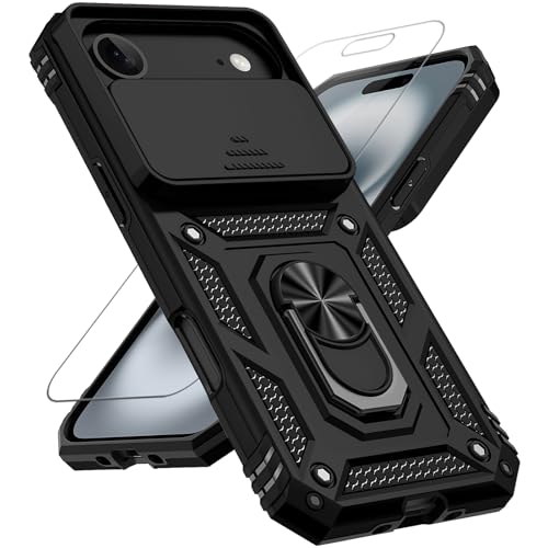 for iPhone Air Case, with Slide Camera Cover HD Screen Protector [Military Grade 16ft. Drop Tested] Ring Holder Kickstand Protective Phone Case for Apple iPhone Air 2025, Black - color: Black w/ Slide Camera 2nd gen. Military Grade