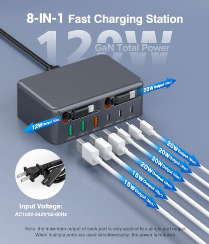8-in-1 Retractable USB C Charger Charging Station Hub for Multiple Devices - color: Grey