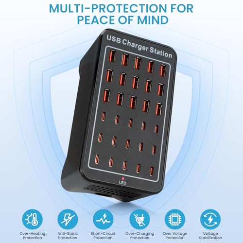 USB C Charging Station for Multiple Devices, 150W 30 Ports Charger Block for Ipad Cell Phone, Multiple USB Power Strip for Family Classroom