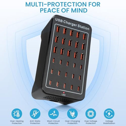 USB C Charging Station for Multiple Devices, 150W 30 Ports Charger Block for Ipad Cell Phone, Multiple USB Power Strip for Family Classroom