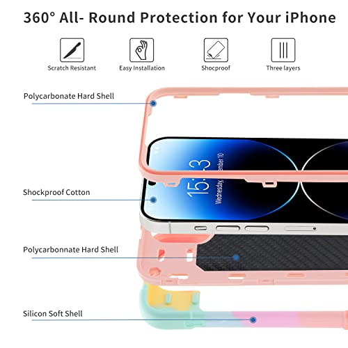 MARKILL Compatible with iPhone 14 Pro Case 6.1 Inch with Built-in Ring Stand, Military Grade Drop Protection Full Body Rugged Heavy Duty Case 3 in 1 Protective Durable Cover - color: Rainbow Pink, size: iPhone 14 Pro 6.1"