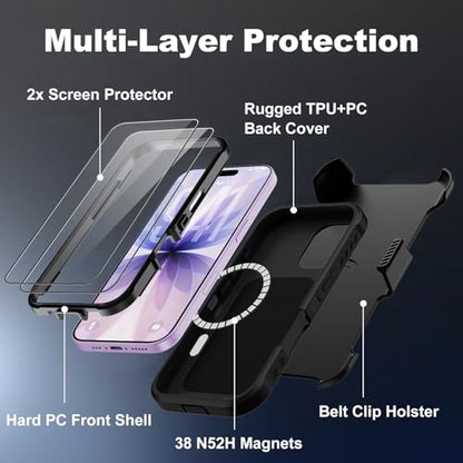 for iPhone 17 Case with Belt Clip Holster,[Compatible with MagSafe] w/Screen Protector,Anti-Drop Shockproof Heavy Duty Protective Rugged Magnetic Phone Cover,with 360°Rotating Kickstand (Black - color: Black