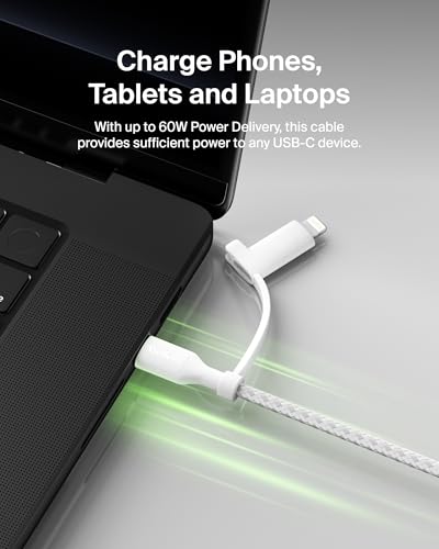 Belkin 2 in 1 USB C to USB C & Lightning Braided Cable 5ft Charger Cord - color: White