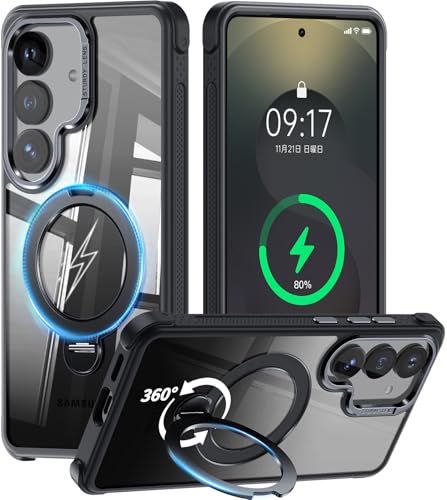 [360° Rotatable Invisible Magnetic Stand & Fit for MagSafe Designed for Samsung Galaxy S25 Case with Kickstand [Mil-Grade Shockproof] Clear Hard Back Cover for Galaxy S25, Black - color: Black, size: For Galaxy S25