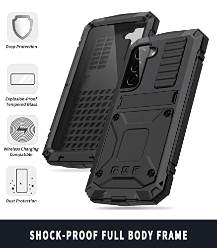 Simicoo Samsung Galaxy S22 Plus Aluminum Metal Bumper Silicone Case with Stand, Water Resistant, Heavy Duty Rugged, Built-in Screen Protector, Black - color: Black, size: S22 Plus