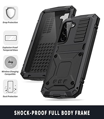 Simicoo Samsung Galaxy S22 Plus Aluminum Metal Bumper Silicone Case with Stand, Water Resistant, Heavy Duty Rugged, Built-in Screen Protector, Black - color: Black, size: S22 Plus