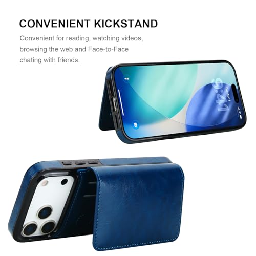 KIHUWEY Compatible with iPhone 17 Pro Max Wallet Case Credit Card Holder, Premium Leather Kickstand Flip Hidden Magnetic Clasp Durable Shockproof Protective Cover for 6.9 inch (Blue) - color: Blue