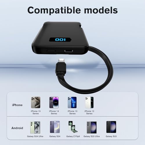 Ultra-Slim 5000mAh Portable Charger for iPhone & Android, Mini Power Bank with Built-in Cables (USB-C & iOS), 5V/2A Small External Battery Pack for iPhone 16/15/14/13, Samsung, Google – Black
