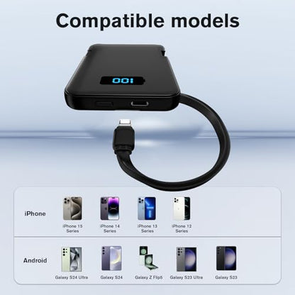 Ultra-Slim 5000mAh Portable Charger for iPhone & Android, Mini Power Bank with Built-in Cables (USB-C & iOS), 5V/2A Small External Battery Pack for iPhone 16/15/14/13, Samsung, Google – Black