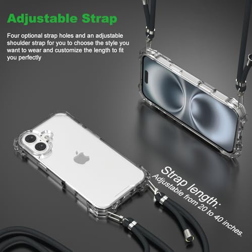 for iPhone 16 Crystal Clear Case with Detachable Adjustable Crossbody Strap, Slim Fit Shockproof Protective Phone Case with Anti-Lost Shoulder Neck Lanyard 6.1" 2024 - size: iPhone 16