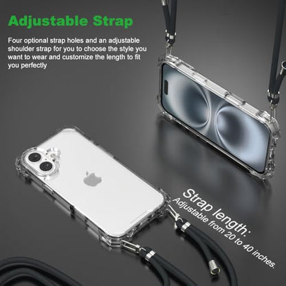 for iPhone 16 Crystal Clear Case with Detachable Adjustable Crossbody Strap, Slim Fit Shockproof Protective Phone Case with Anti-Lost Shoulder Neck Lanyard 6.1" 2024 - size: iPhone 16