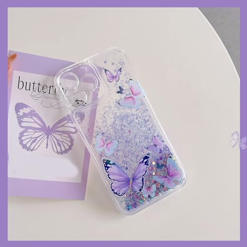 Compatible with iPhone 15 Pro Max Glitter Butterfly Case Glow in The Dark Women Girls Girly Bling Sparkle Flowing Quicksand Light up Case Soft TPU Bumper Luminous Clear Phone Cover, Purple - color: Purple, size: iPhone 15 Pro Max