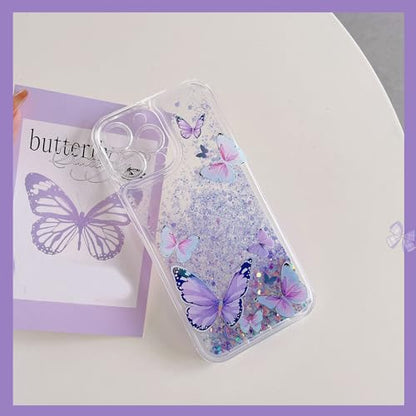 Compatible with iPhone 15 Pro Max Glitter Butterfly Case Glow in The Dark Women Girls Girly Bling Sparkle Flowing Quicksand Light up Case Soft TPU Bumper Luminous Clear Phone Cover, Purple - color: Purple, size: iPhone 15 Pro Max