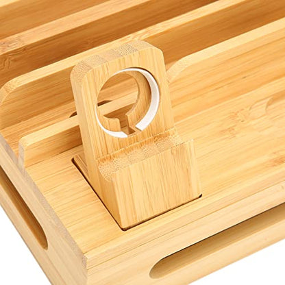 Bamboo Multi Device Charging Station Organizer for Phone, Tablet and Watch, Compact Charging Dock Stand