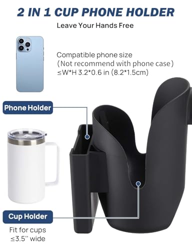 JOYTUTUS Cup Holder for Wheelchair, 2 in 1 Water Bottle Holder and Phone Bracket, Universal Drink Cup Holder for Walker, Rollator, Stroller, Scooter