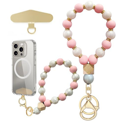 Silicone Beaded Phone Wrist Strap, Phone Bracelet Strap with Tether Tab Elastic Hands Free Wristlet Strap - color: Pink White