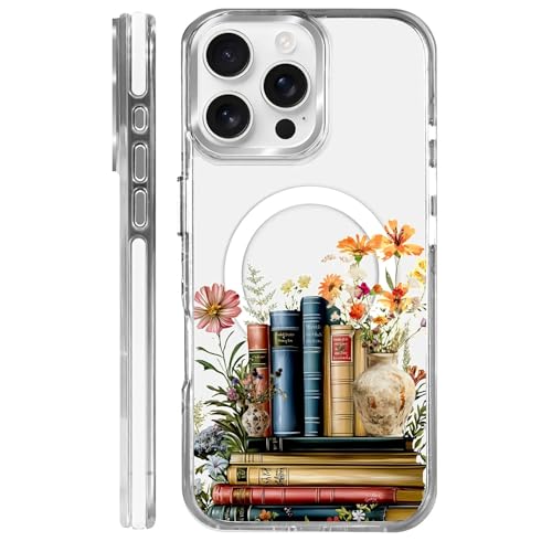 Magnetic Case for iPhone 13 Pro Max Design On Clear Base, Compatible with MagSafe, Slim Protective Soft TPU Bumper Phone Cover Women Girls Case for iPhone 13 Pro Max-Clear Book Lover Flower - color: Clear Book Lover Flower, size: iPhone 13 Pro Max