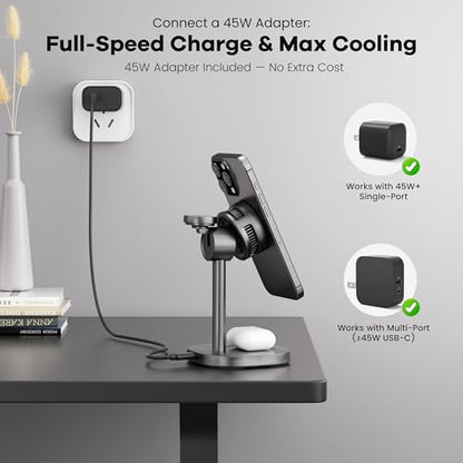 3-in-1 Wireless Charging Station, Qi2.2 25W Fast Charge with Cooling Fan (On/Off), for iPhone 17–12/Apple Watch/AirPods, Includes 45W Adapter – Great for Desk & Live Streaming