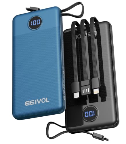 Portable Charger Built in 4 Cables, 10000mAh Power Bank, Black&Blue