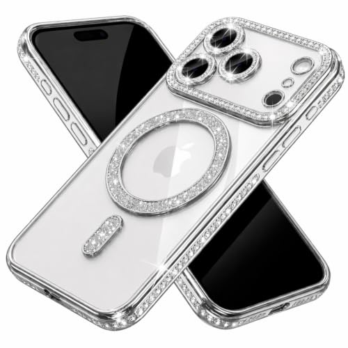 Magnetic Glitter Diamond Clear Case for iPhone 14 Pro,Silver | Cute Rhinestone Plated Shockproof for Women,Fit for MagSafe,Sparkle Crystal Camera Lens Protector,Military Grade Drop Proof - color: Silver, size: iPhone 14 Pro