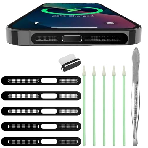 12 Pcs Cellphone Anti Dust Kit, 5 Phone Metal Speaker Dustproof Mesh Compatible for iPhone 16 15 14 Pro/Pro Max, Anti-Dust Mesh Covers with 1 USB C Dust Plugs & 1 Tweezers & 5 Cleaner Sticks - size: 12 Pcs