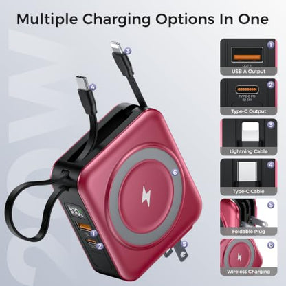 10000mAh Portable Charger Power Bank Built in Cables&Wall Plug - color: Red