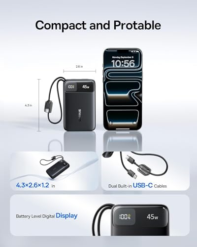 Baseus 20000mAh Compact Portable Charger 45W, CCC Certified Power Bank Built-in USB-C Cables, Travel Essential PD Fast Charging Battery Pack for iPhone 18/17/16 Series Galaxy S25/S24 Ultra Google iPad - color: Black