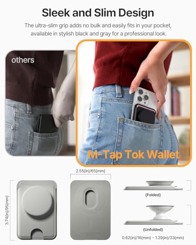 Sinjimoru Phone Wallet for MagSafe, Phone Card Holder with Grip, Grey | M-Tap Tok Wallet, 3200G strength, soft silicone finger holder, vegan leather, phone stand, fits iPhone 17-12 - color: Grey